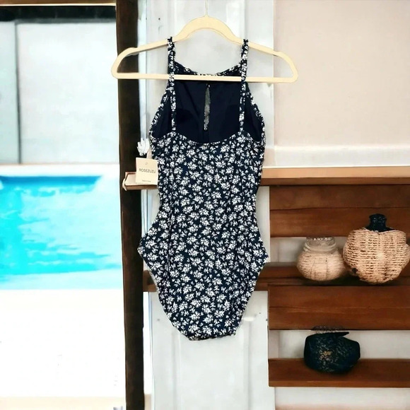 Navy Blue ROSEZUZU Floral One Piece Swimsuit Size Medium - Picture 2 of 8